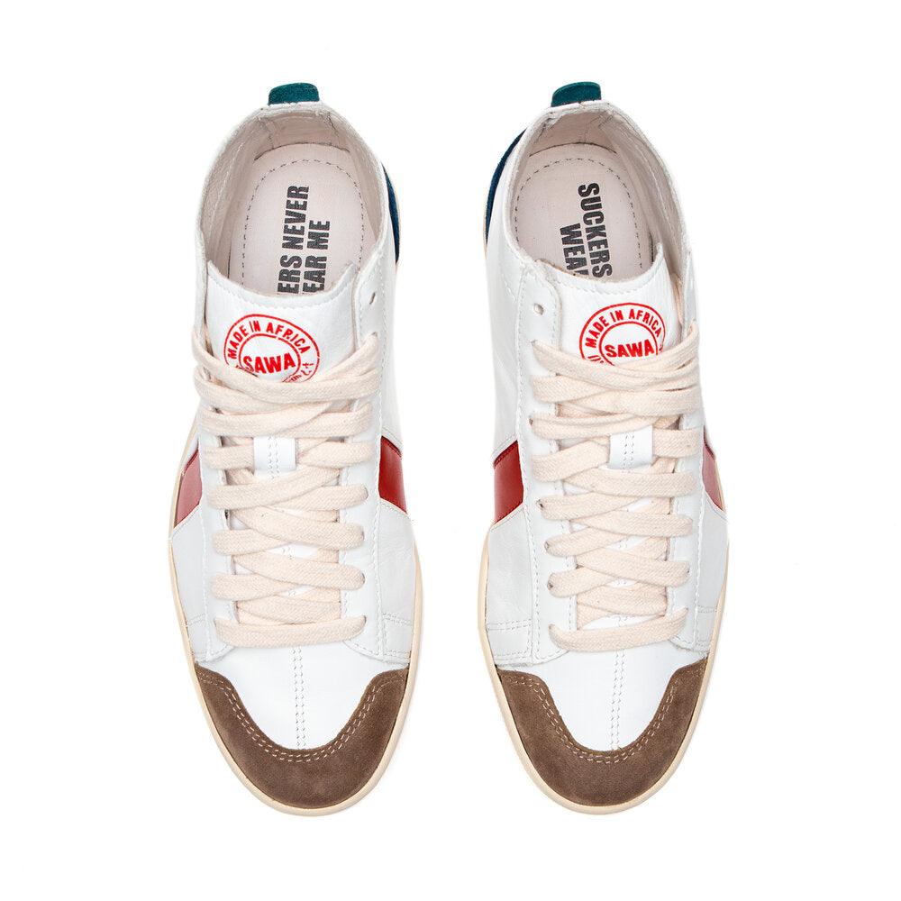Sawa Tsagué leather sneaker in white, red and blue, detail view